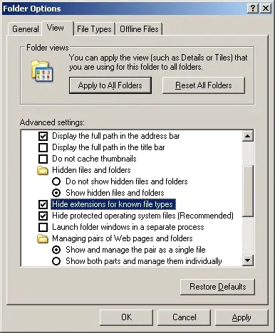 Show File Extension in Windows XP