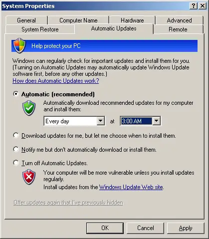 Configure Windows XP Automatic Updates