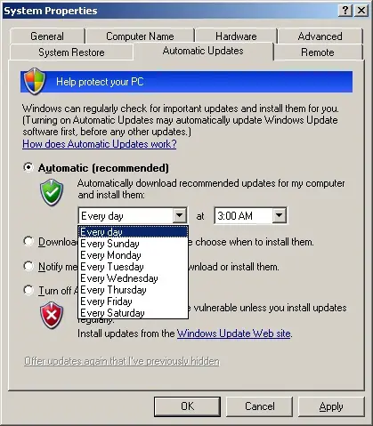 Configure Windows XP Automatic Updates